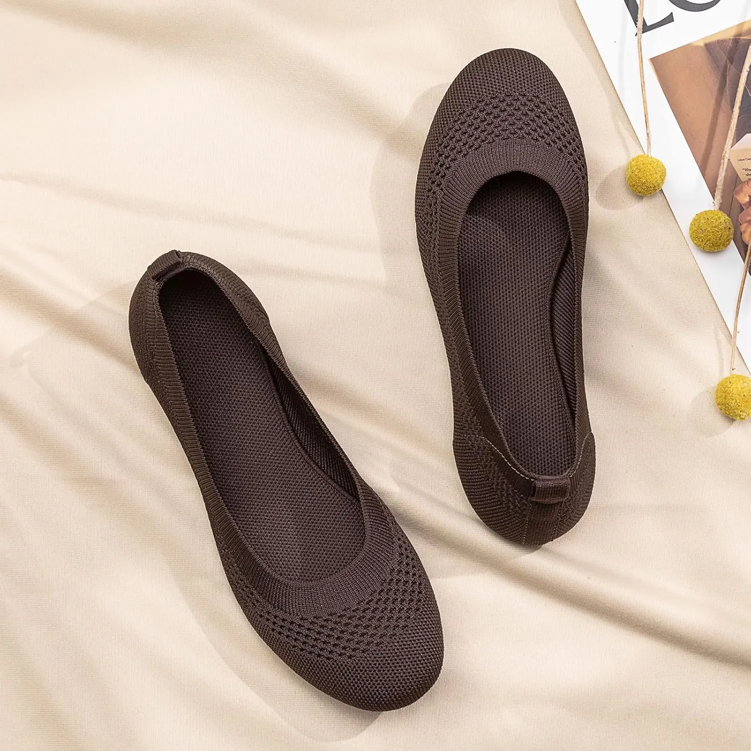 BEJINASH Ballet Flats for Women Soft Slip On Flat Shoes Knit Round Toe Work Flat Mesh Woman Walking Shoes Comfortable Casual