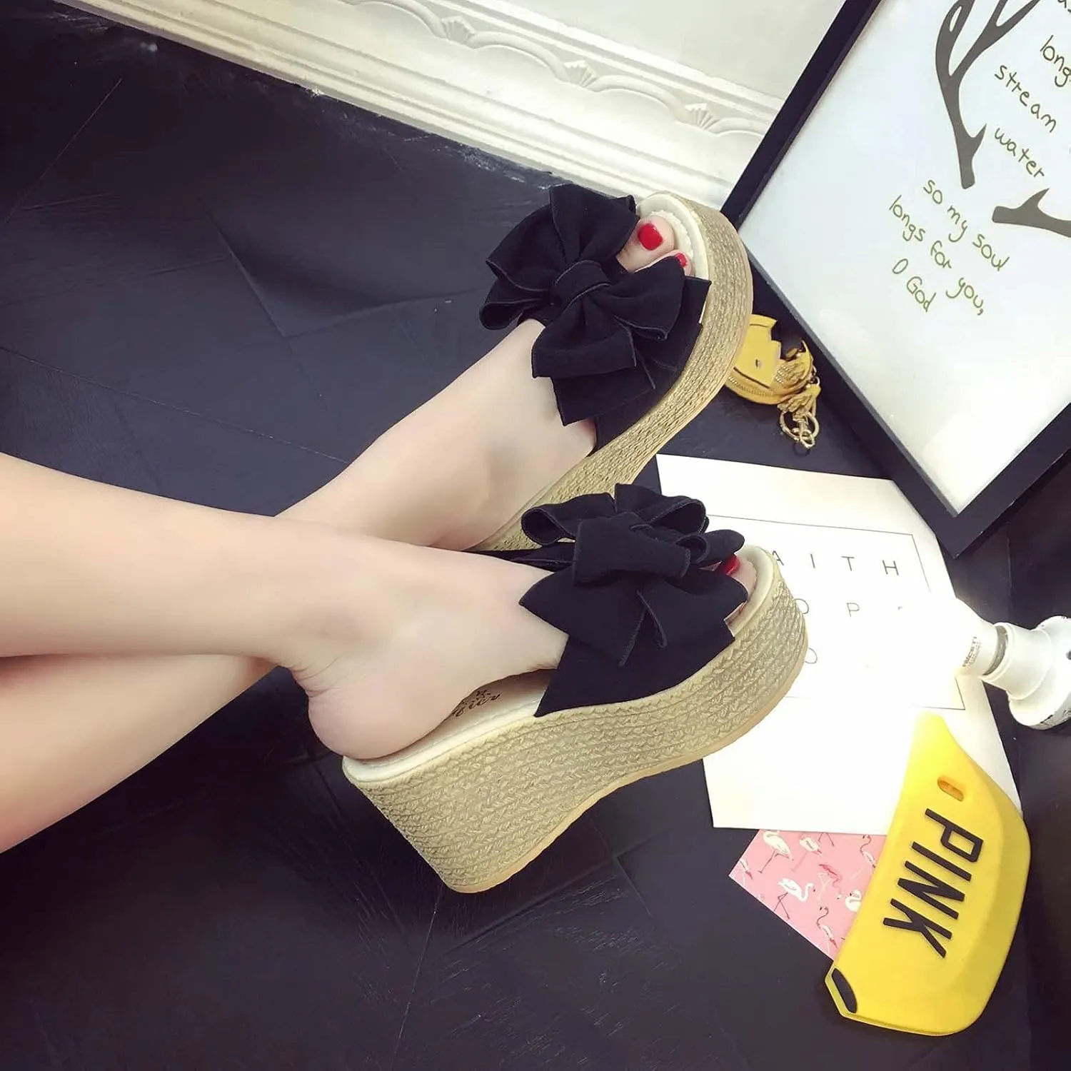 Bow Flip Flops for Women,High Heeled Bow-Knot Platform Wedge Flip-Flops Beach Sandals,Bowknot Flipflops Sandals