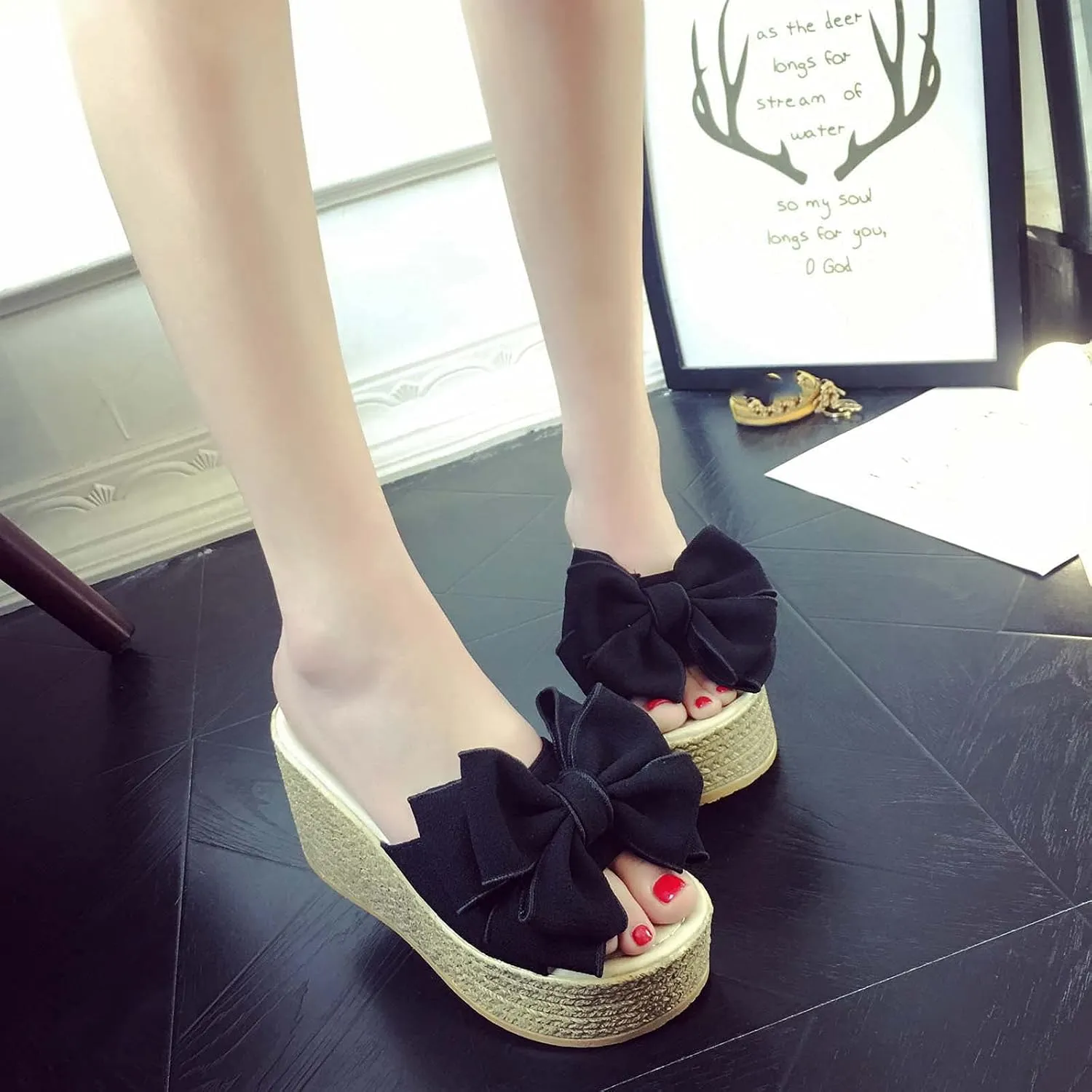 Bow Flip Flops for Women,High Heeled Bow-Knot Platform Wedge Flip-Flops Beach Sandals,Bowknot Flipflops Sandals