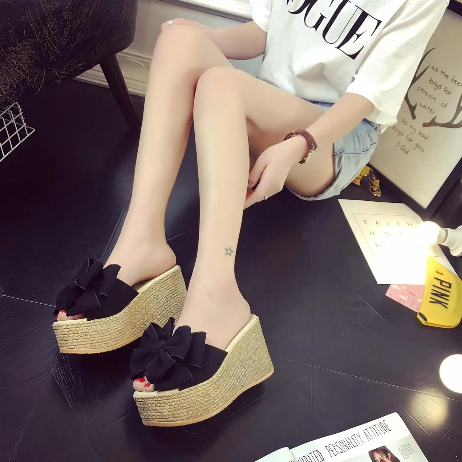 Bow Flip Flops for Women,High Heeled Bow-Knot Platform Wedge Flip-Flops Beach Sandals,Bowknot Flipflops Sandals