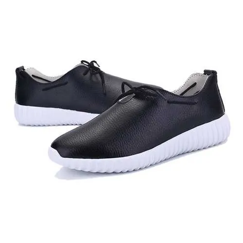 Casual Lace Up Soft Leather Breathable Pure Color  Flat Loafers