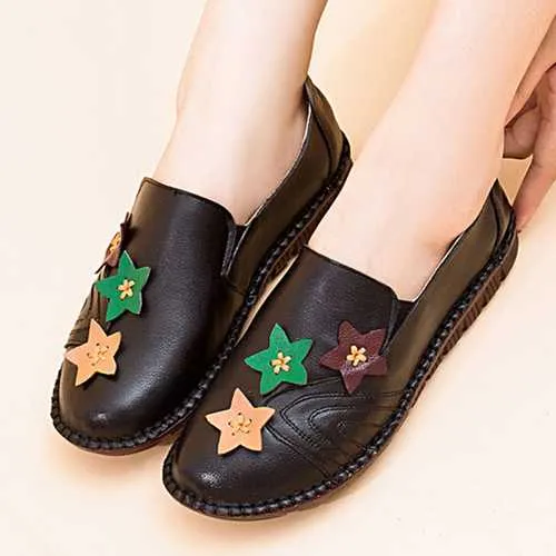 Casual Soft Star Flat Leather Loafers For Women