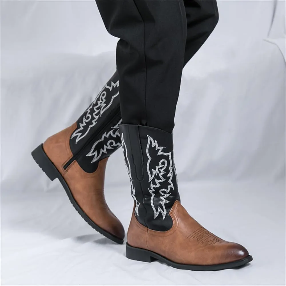 CHUUMEE Cowboy Boots For Men Western Boot Durable Classic Embroidered Pointed Toe Leather Mid-Calf Boots