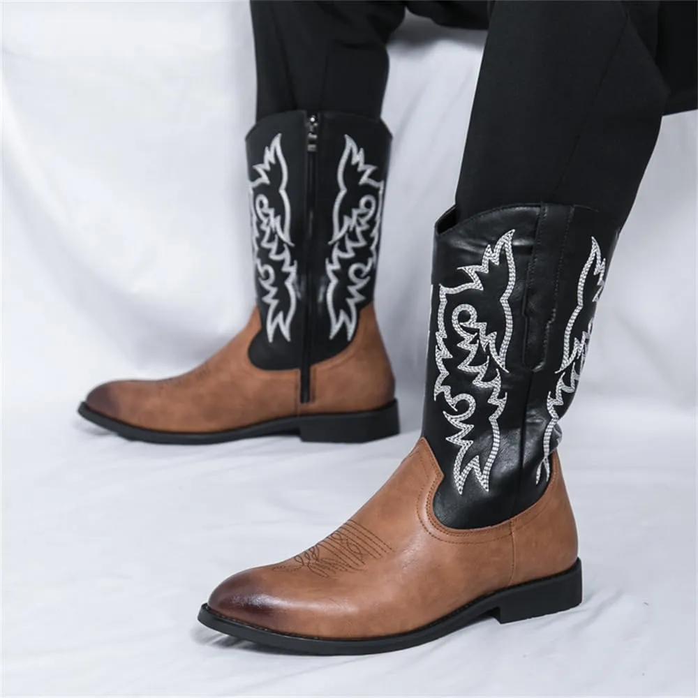CHUUMEE Cowboy Boots For Men Western Boot Durable Classic Embroidered Pointed Toe Leather Mid-Calf Boots
