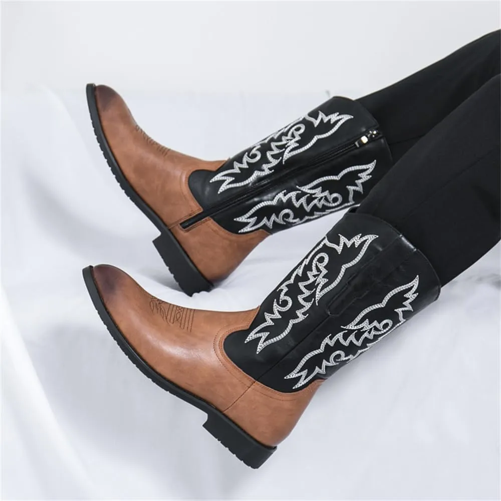 CHUUMEE Cowboy Boots For Men Western Boot Durable Classic Embroidered Pointed Toe Leather Mid-Calf Boots