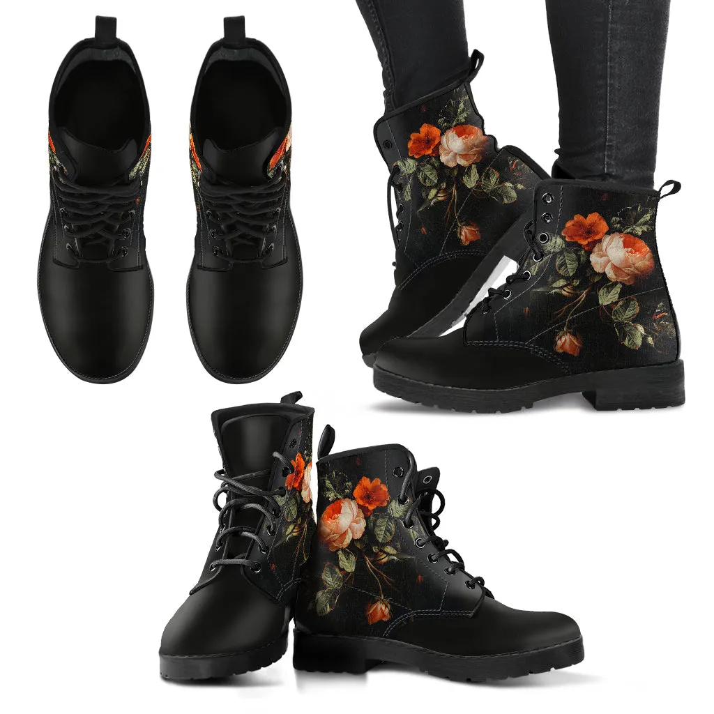 Combat Boots - Distressed Vintage Flower Art | Boho Shoes, Custom Shoes, Women's Boots, Vegan Leather, Goth Boots, Gothic Boots