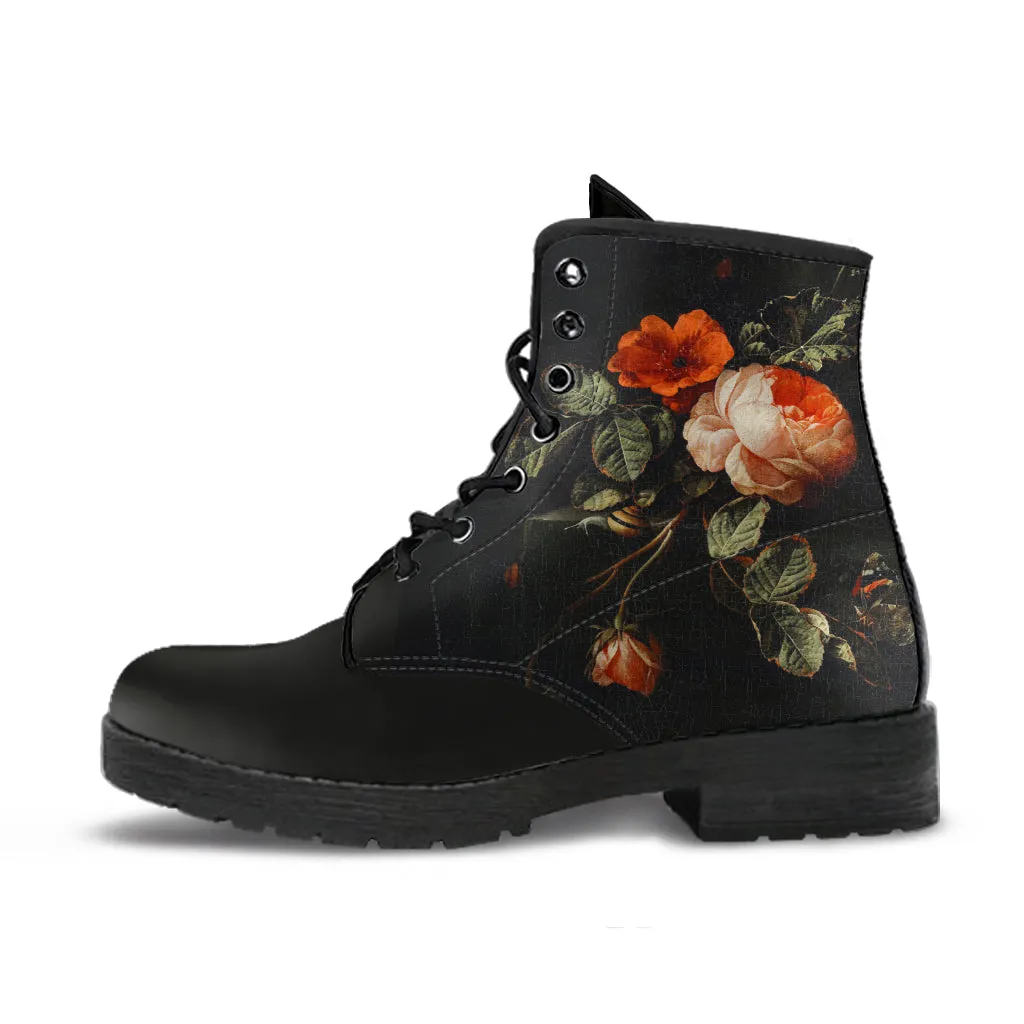 Combat Boots - Distressed Vintage Flower Art | Boho Shoes, Custom Shoes, Women's Boots, Vegan Leather, Goth Boots, Gothic Boots