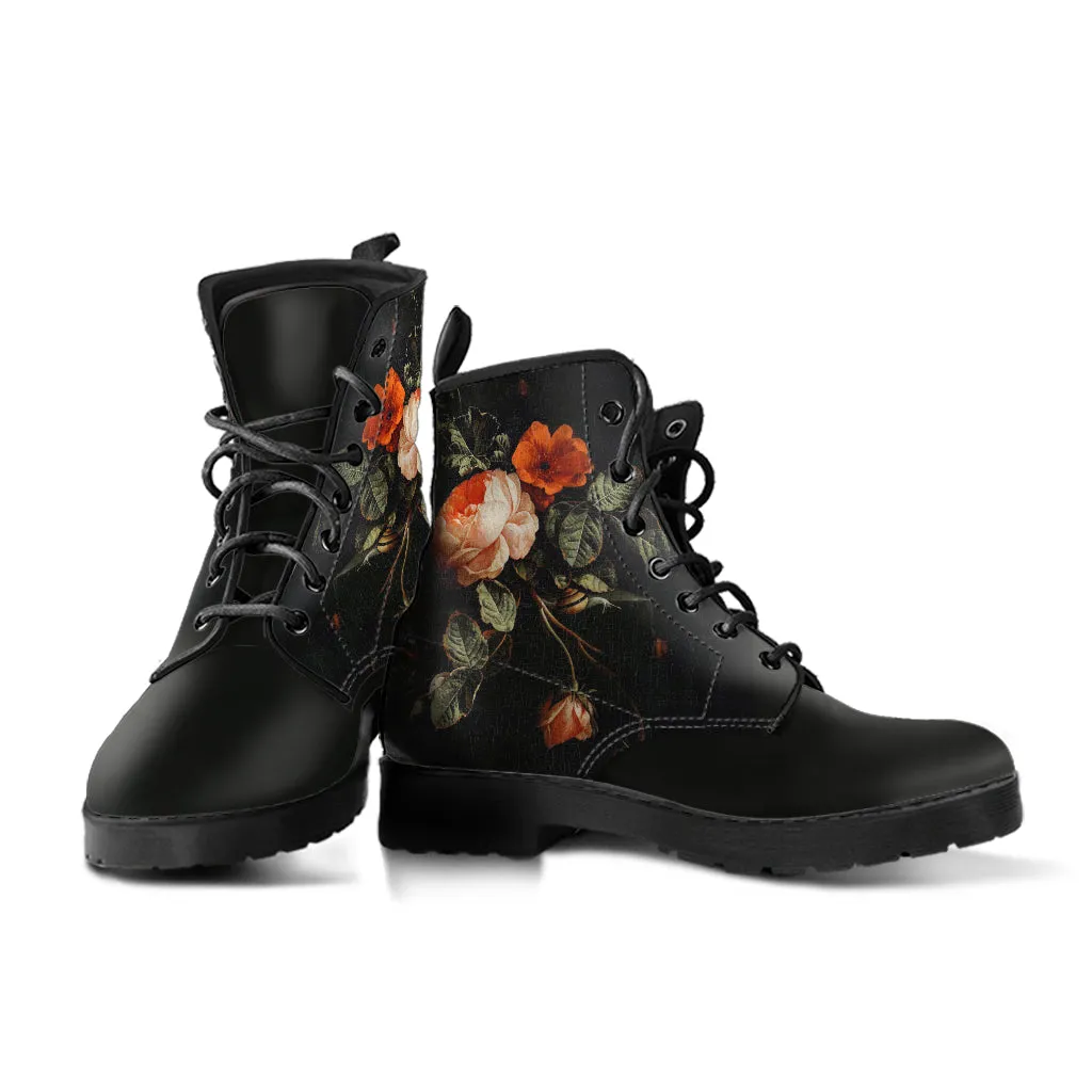 Combat Boots - Distressed Vintage Flower Art | Boho Shoes, Custom Shoes, Women's Boots, Vegan Leather, Goth Boots, Gothic Boots