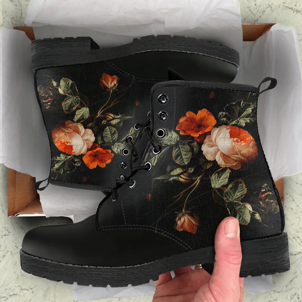 Combat Boots - Distressed Vintage Flower Art | Boho Shoes, Custom Shoes, Women's Boots, Vegan Leather, Goth Boots, Gothic Boots