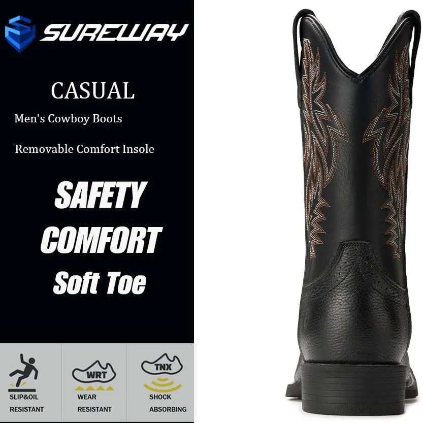 Cowboy Boots For Men - Mens Sport Wide Square Toe Western Boot,Oil/Slip Resistant,Durable Fashionable Classic Pull on 10 Inch Wellington Boots - Soft Toe