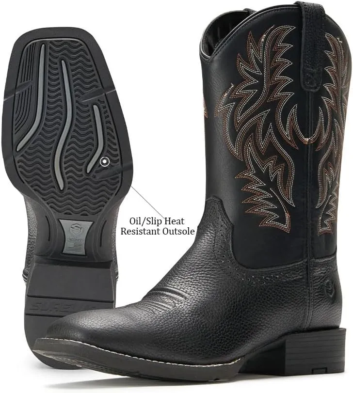Cowboy Boots For Men - Mens Sport Wide Square Toe Western Boot,Oil/Slip Resistant,Durable Fashionable Classic Pull on 10 Inch Wellington Boots - Soft Toe