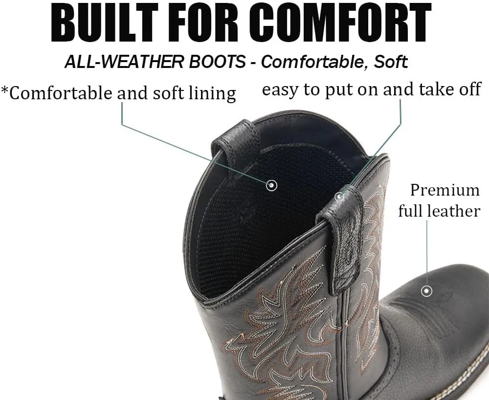 Cowboy Boots For Men - Mens Sport Wide Square Toe Western Boot,Oil/Slip Resistant,Durable Fashionable Classic Pull on 10 Inch Wellington Boots - Soft Toe