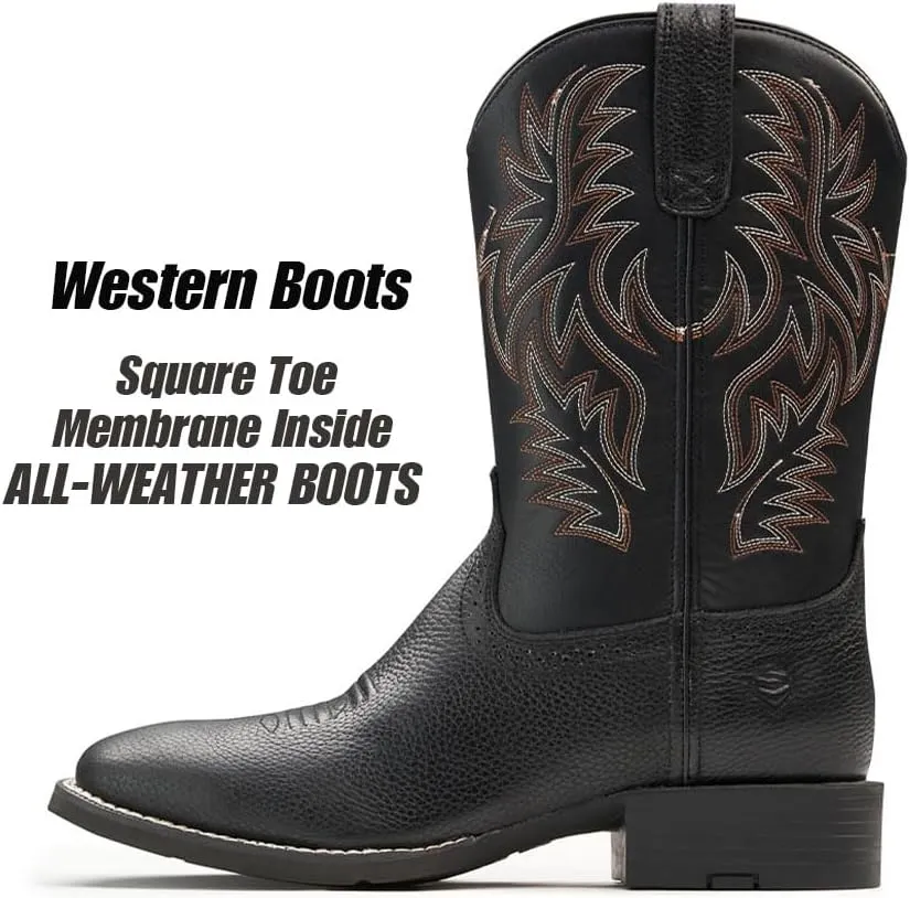 Cowboy Boots For Men - Mens Sport Wide Square Toe Western Boot,Oil/Slip Resistant,Durable Fashionable Classic Pull on 10 Inch Wellington Boots - Soft Toe