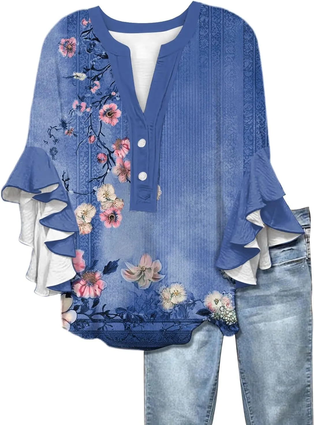 Floral Tops for Women Trendy Summer Plus Size Dressy 3/4 Ruffle Sleeve Top Cute V Neck Linen Button Down Shirts