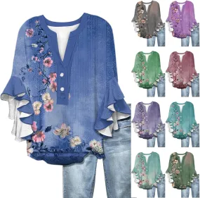 Floral Tops for Women Trendy Summer Plus Size Dressy 3/4 Ruffle Sleeve Top Cute V Neck Linen Button Down Shirts