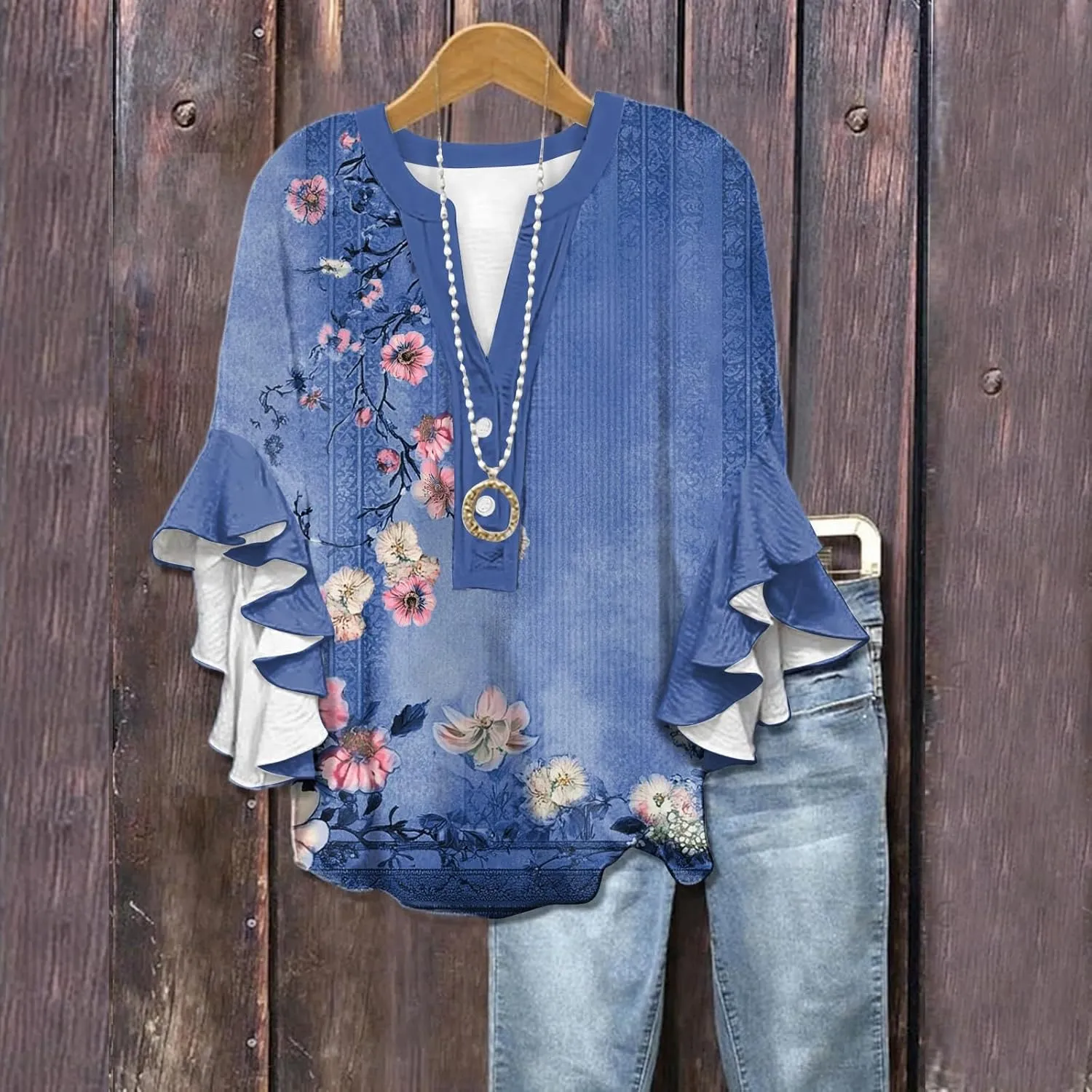 Floral Tops for Women Trendy Summer Plus Size Dressy 3/4 Ruffle Sleeve Top Cute V Neck Linen Button Down Shirts