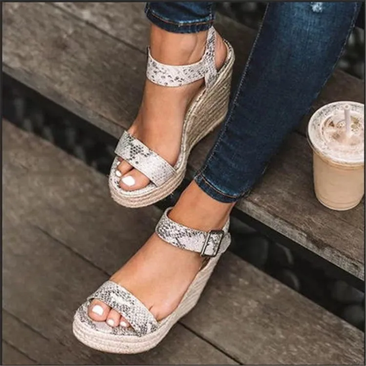 Hemp Rope Fish Mouth Wedge Sandals with Buckle Closure for Women