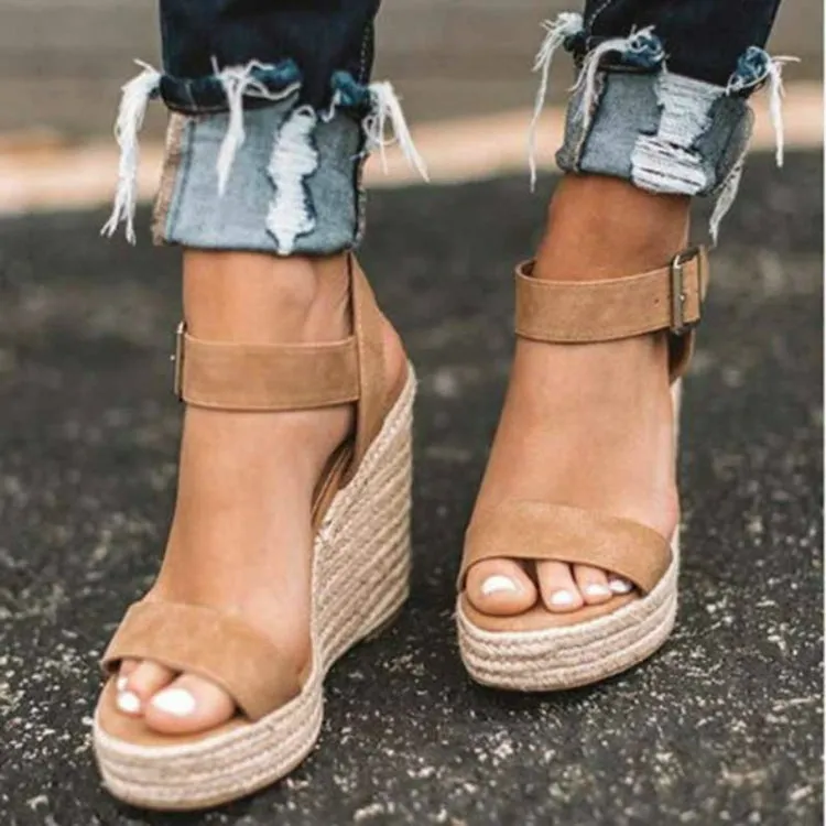 Hemp Rope Fish Mouth Wedge Sandals with Buckle Closure for Women