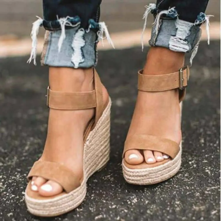 Hemp Rope Fish Mouth Wedge Sandals with Buckle Closure for Women