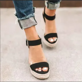 Hemp Rope Fish Mouth Wedge Sandals with Buckle Closure for Women