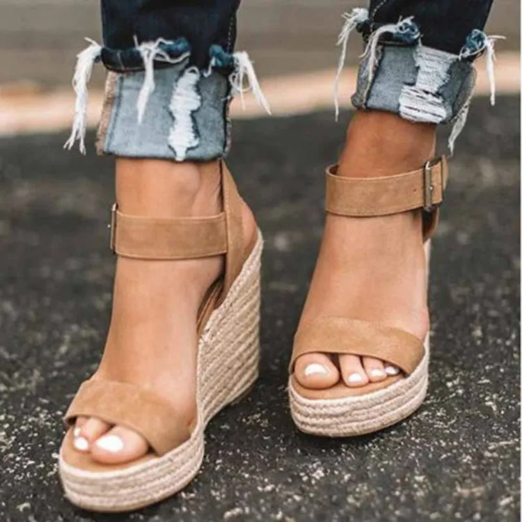 Hemp Rope Fish Mouth Wedge Sandals with Buckle Closure for Women