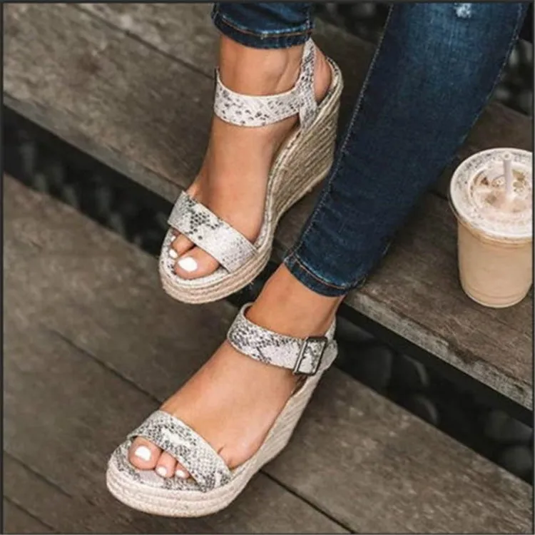 Hemp Rope Fish Mouth Wedge Sandals with Buckle Closure for Women