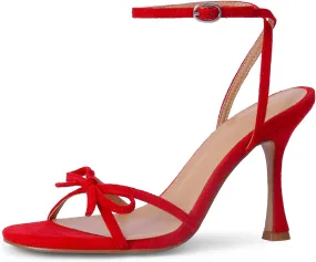 iiimmu Women's Bow Heels 4 IN Stiletto Heeled Sandals for Women Round Open Toe Sandals Elegant Summer Heels Soft PU Leather/Faux Suede