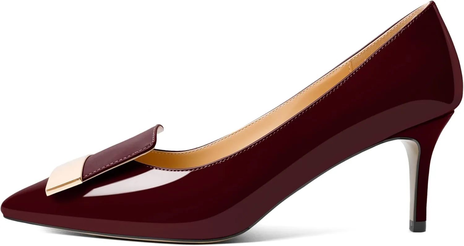 Joseywade Women's Low Heel Pumps Kitten Heels Pumps Buckle Pointed Toe Slip on 2.5 Inch Elegant Patent Dressy Shoes