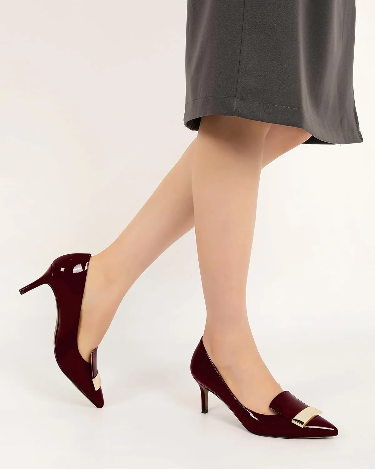 Joseywade Women's Low Heel Pumps Kitten Heels Pumps Buckle Pointed Toe Slip on 2.5 Inch Elegant Patent Dressy Shoes