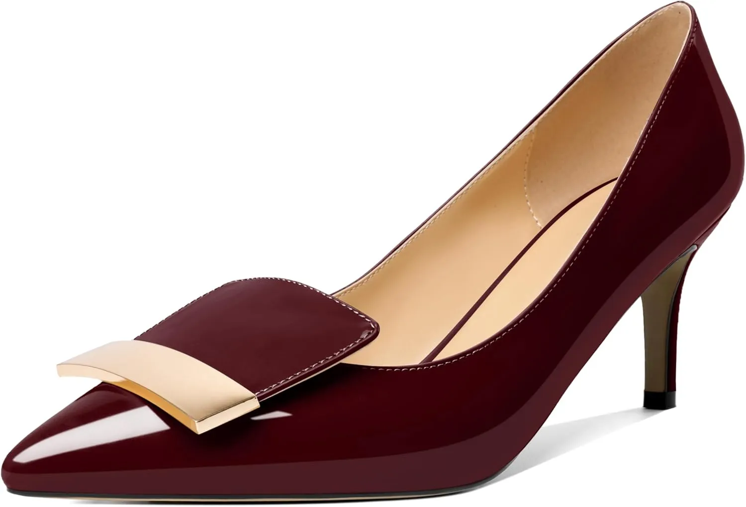 Joseywade Women's Low Heel Pumps Kitten Heels Pumps Buckle Pointed Toe Slip on 2.5 Inch Elegant Patent Dressy Shoes