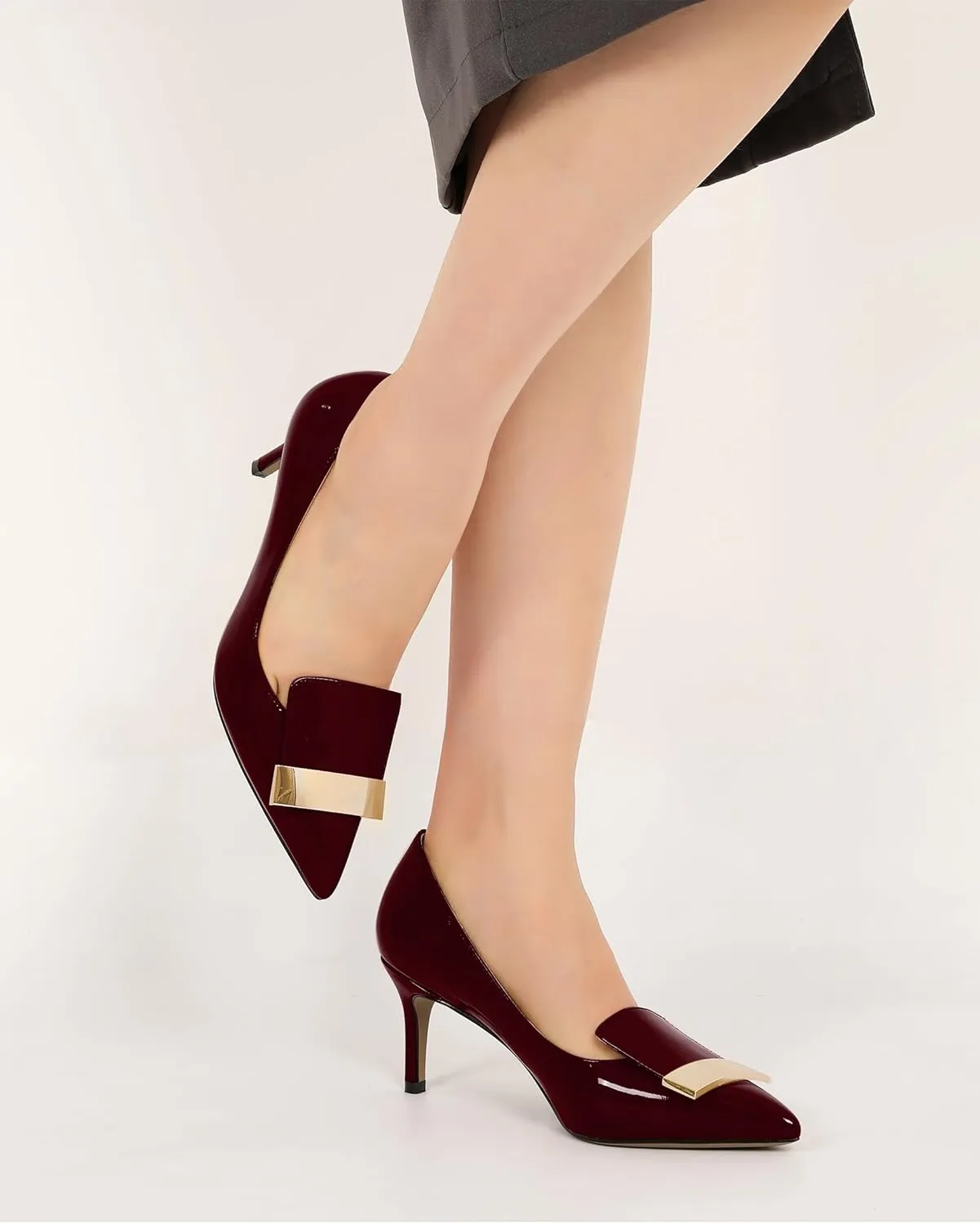 Joseywade Women's Low Heel Pumps Kitten Heels Pumps Buckle Pointed Toe Slip on 2.5 Inch Elegant Patent Dressy Shoes