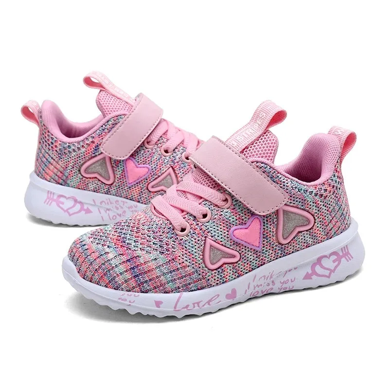 Kids Girls Cute Heart Design Light Mesh Summer Sneakers