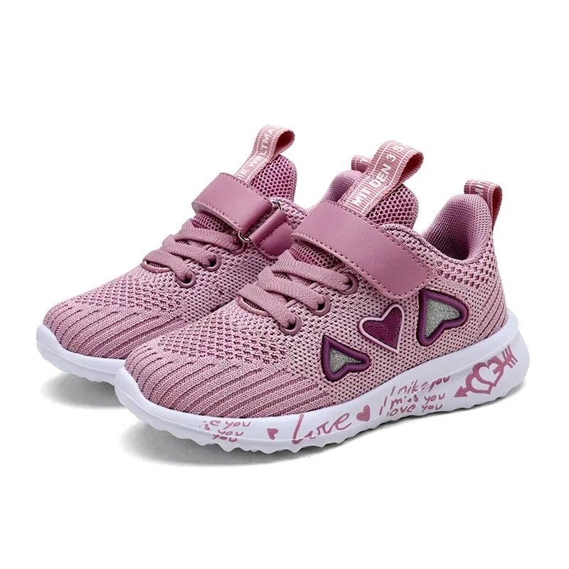 Kids Girls Cute Heart Design Light Mesh Summer Sneakers