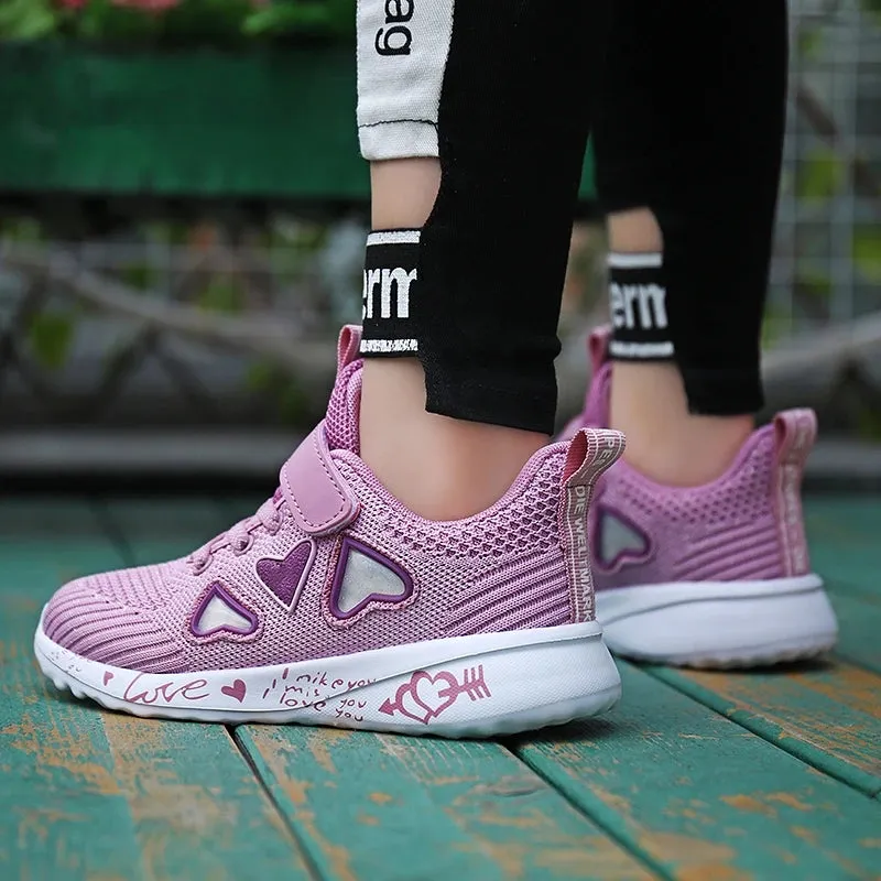 Kids Girls Cute Heart Design Light Mesh Summer Sneakers