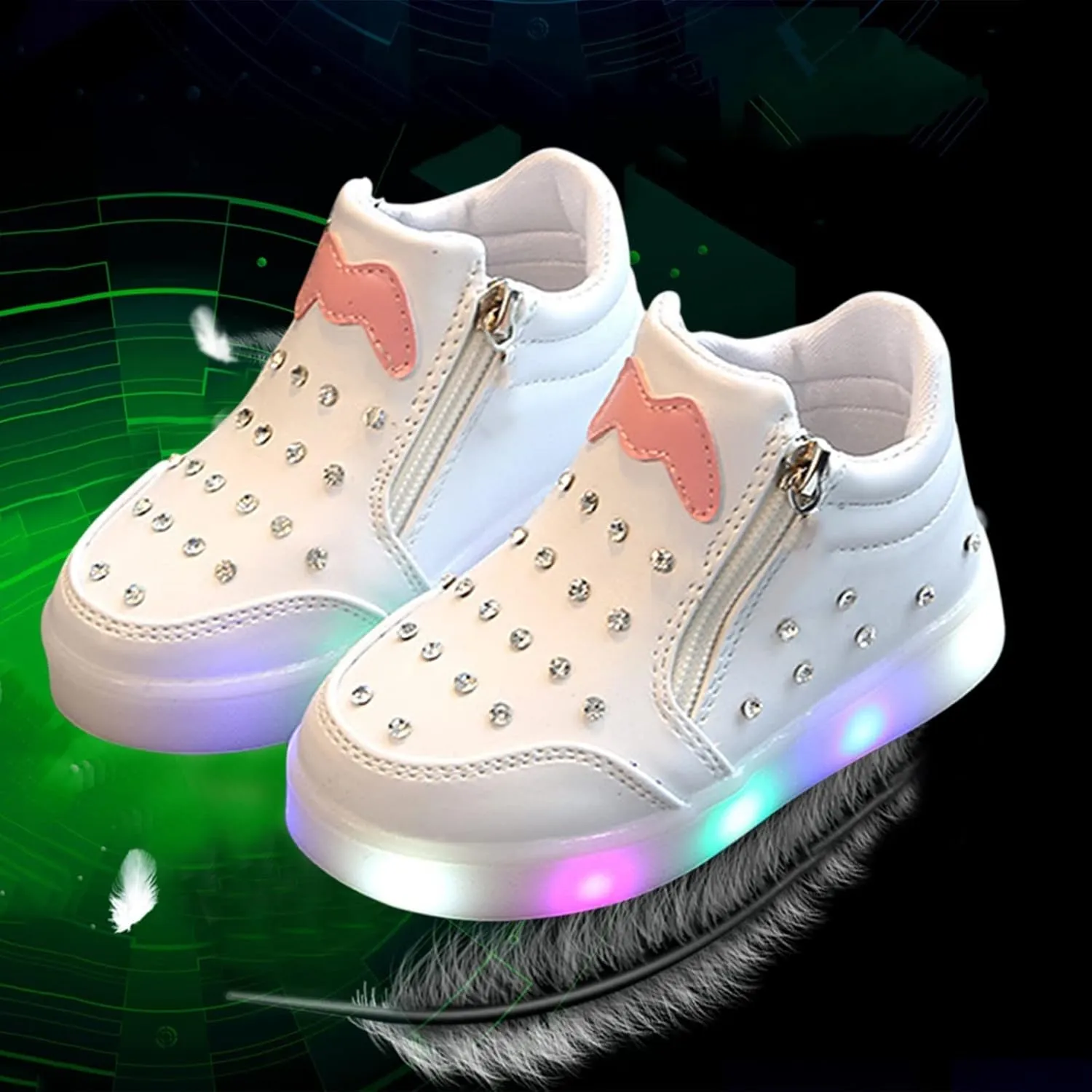 Kids Girls High Top Boots Toddler 𝗗iamond 𝐄mbellished Anti-Slip Sole Shoes Toddler Zipper Light Up Snow 12 Size Boots