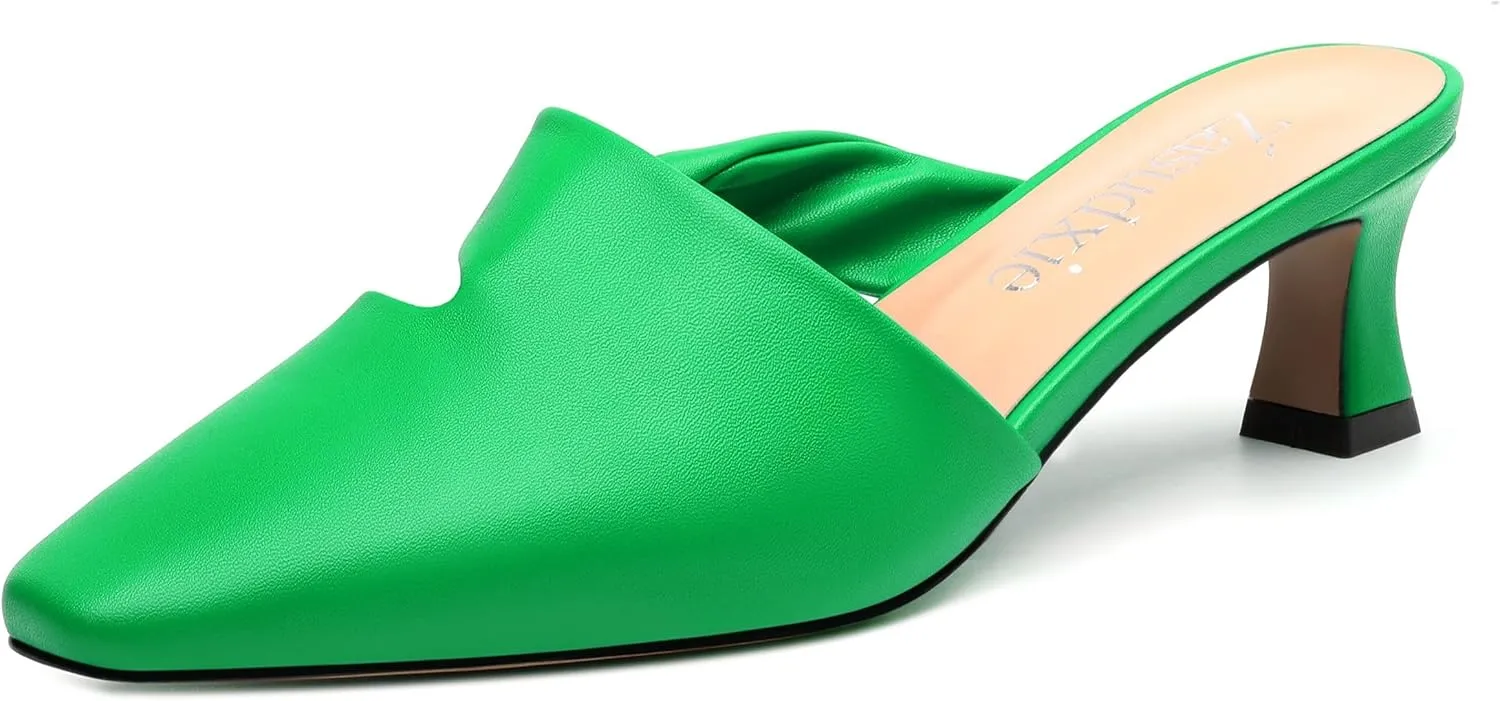 Kitten Heel Mules for Women, Trendy Square Toe Dress Party Slip on Slides Backless Dress Sandals Matte Kitten Low Heel Mules Shoes 2 Inch