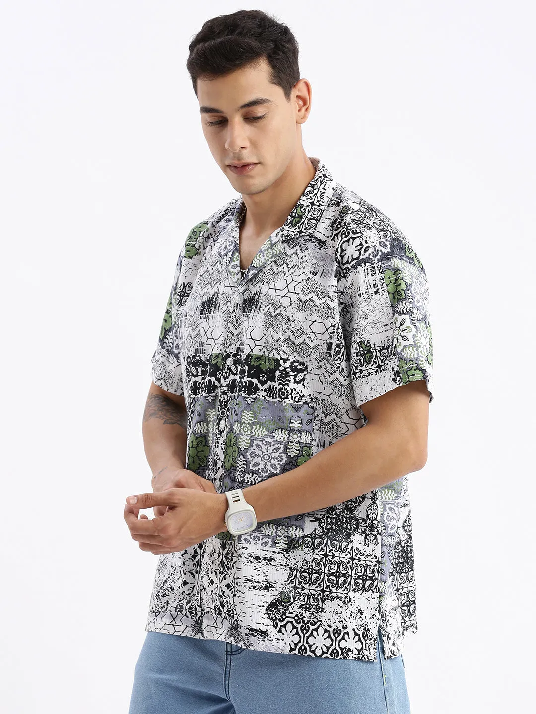 Men Cuban Collar Abstract Relaxed Fit Multi Shirt