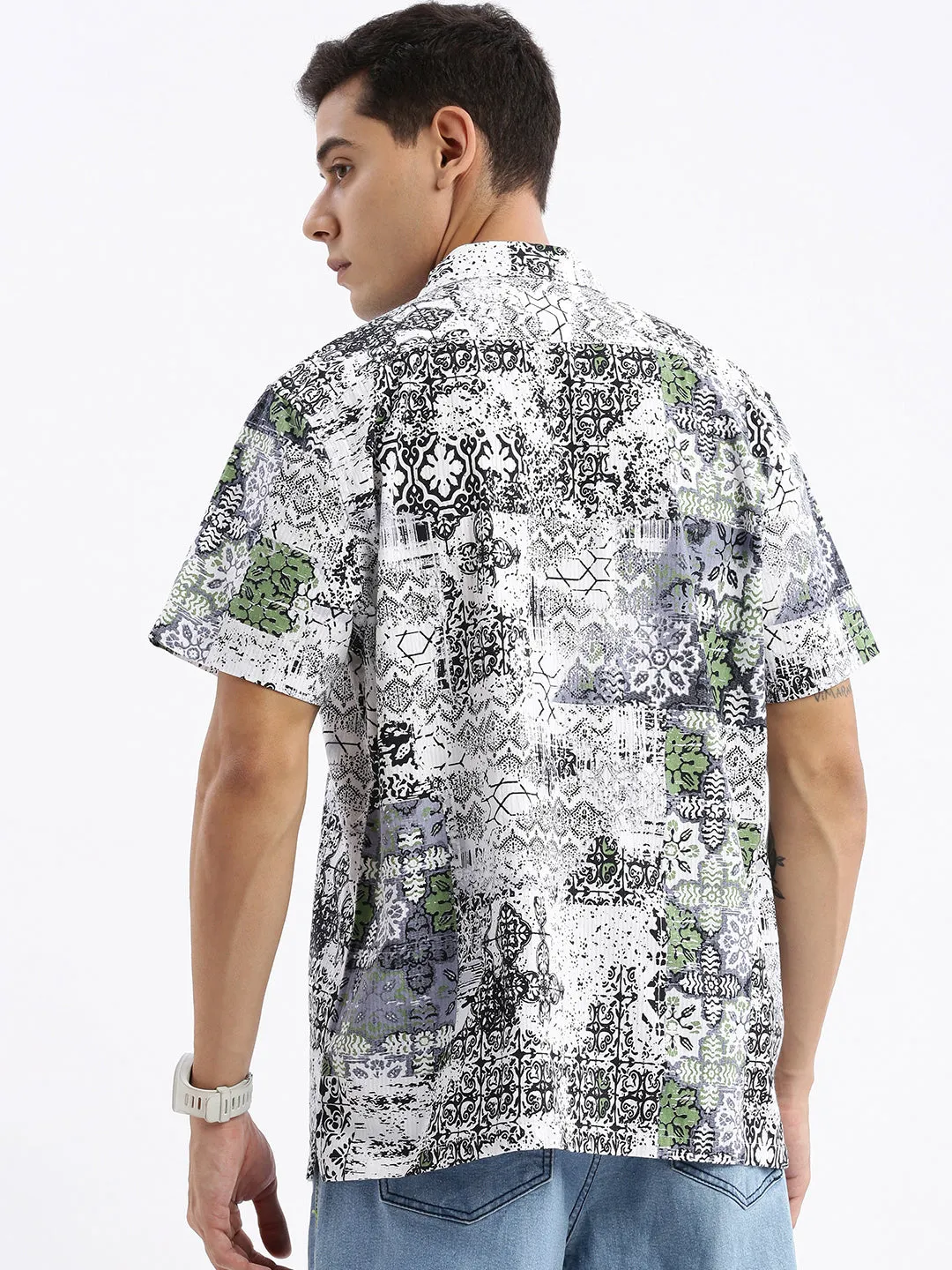 Men Cuban Collar Abstract Relaxed Fit Multi Shirt