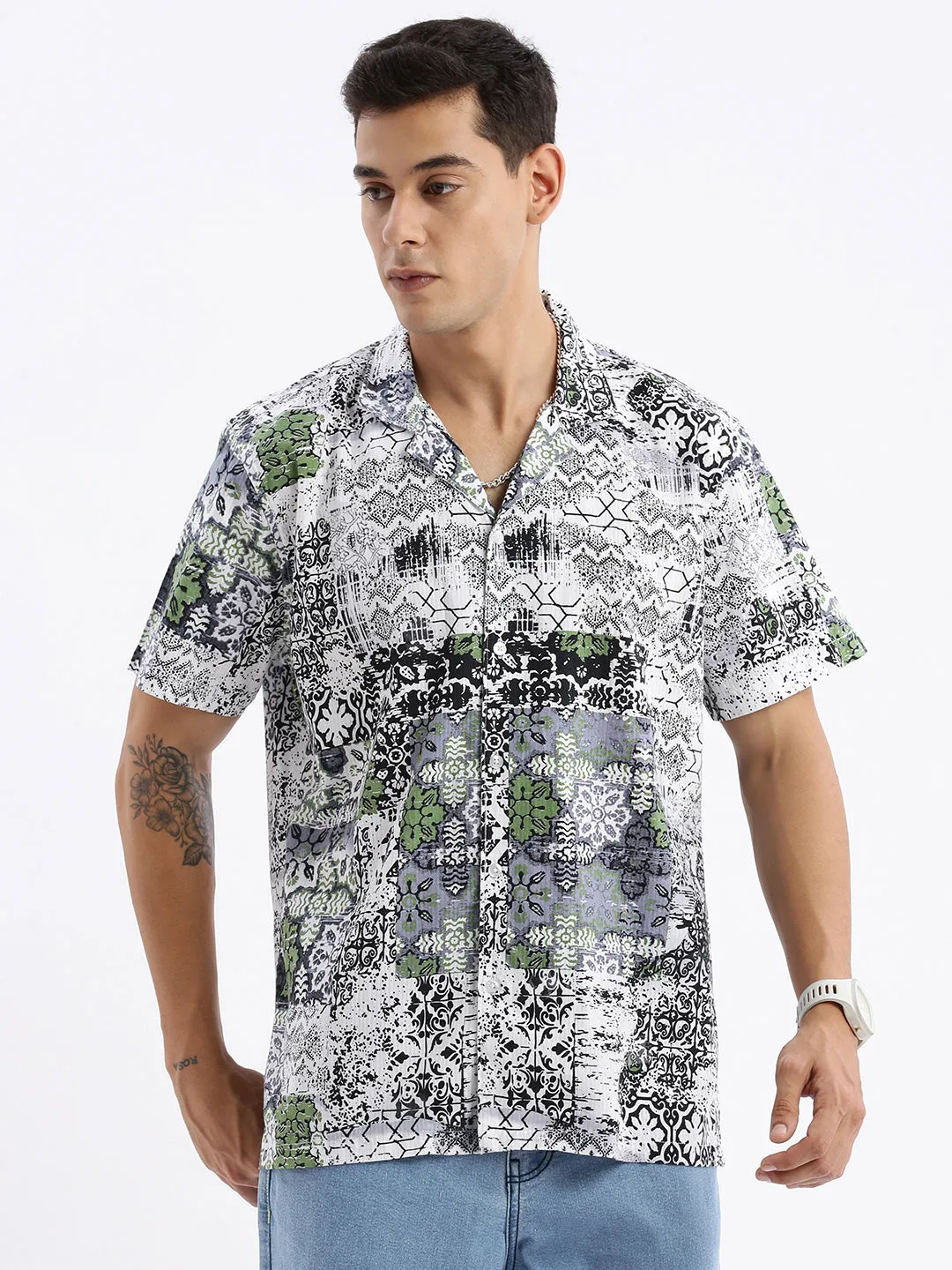 Men Cuban Collar Abstract Relaxed Fit Multi Shirt