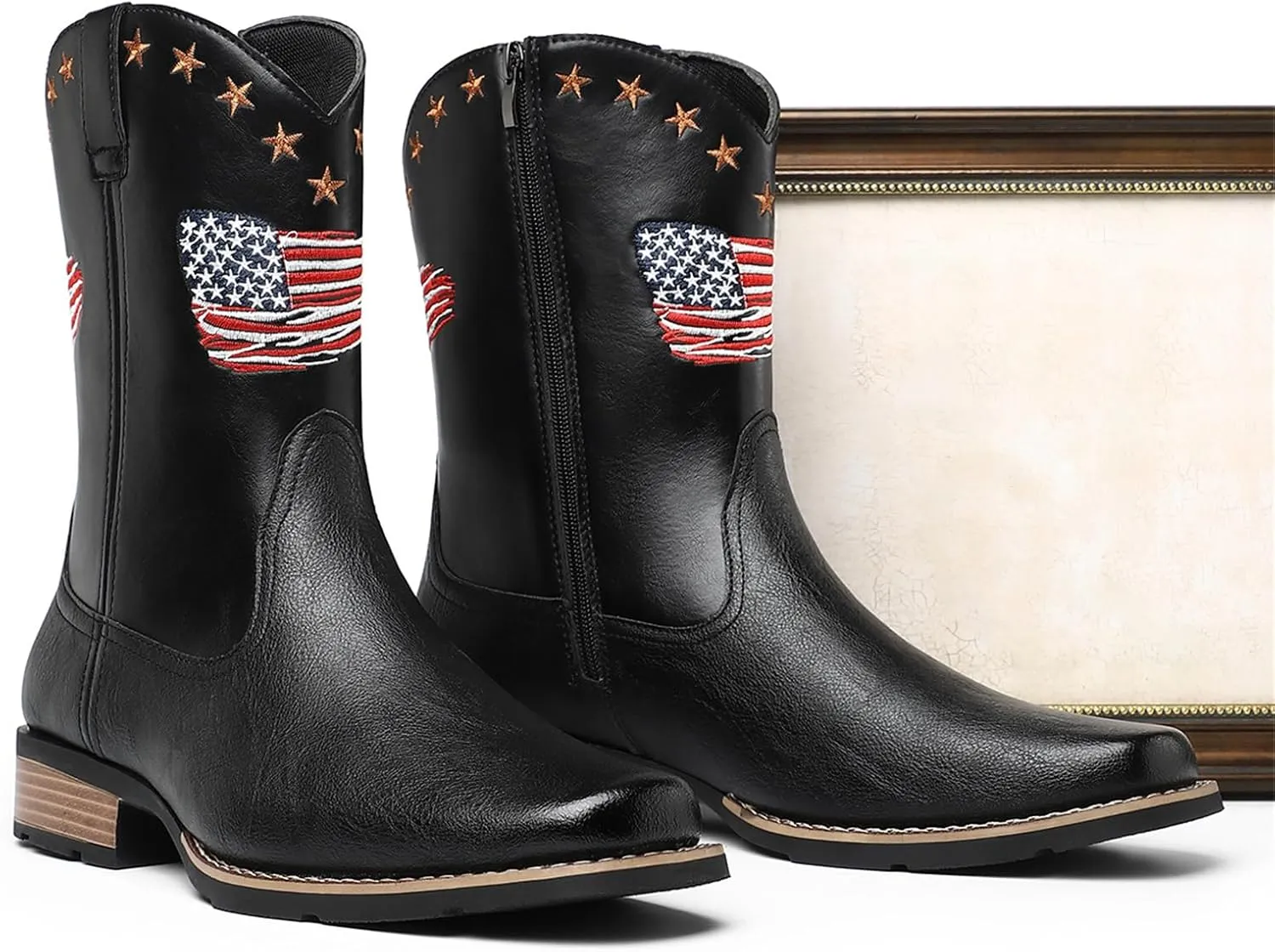 Mens Cowboy Boots Classic Embroidery Square Toe Western Boot for Men Slip Resistant Durable