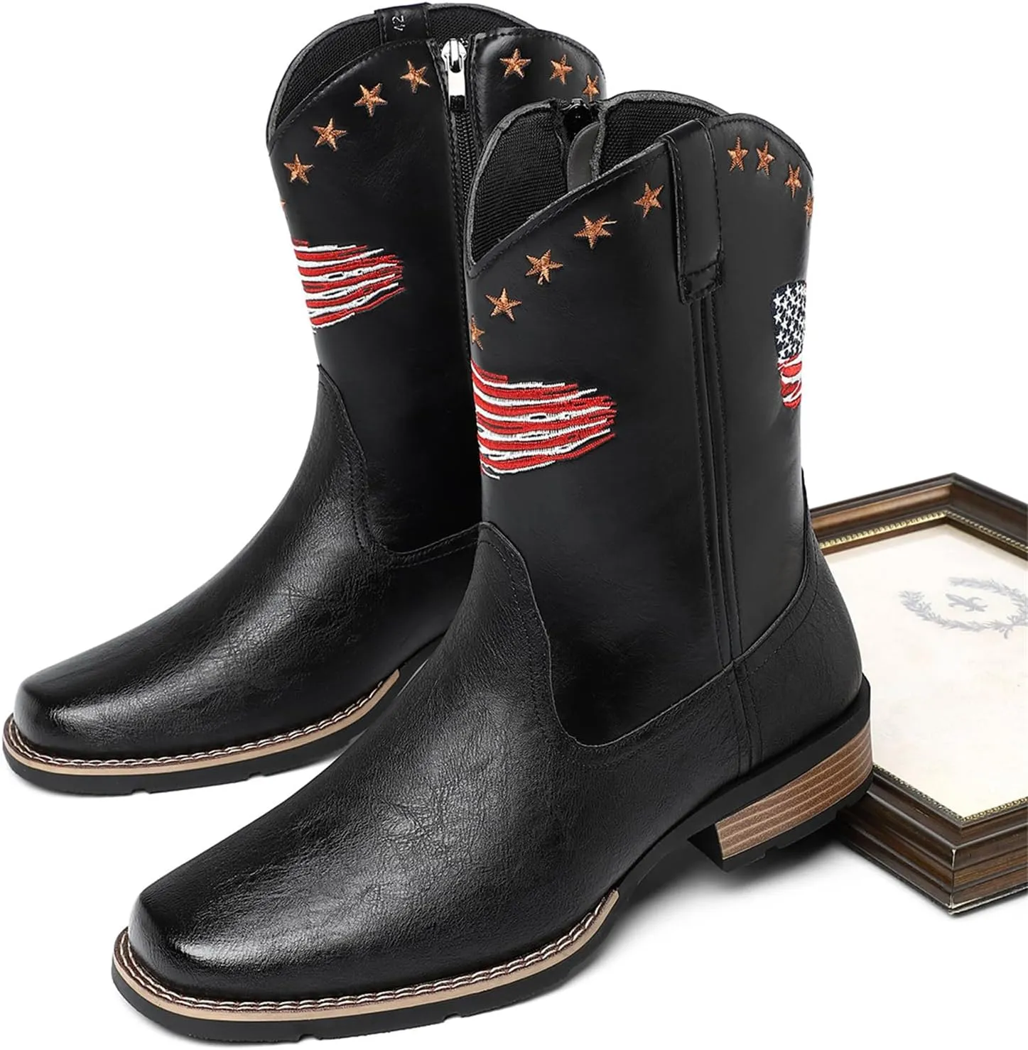 Mens Cowboy Boots Classic Embroidery Square Toe Western Boot for Men Slip Resistant Durable