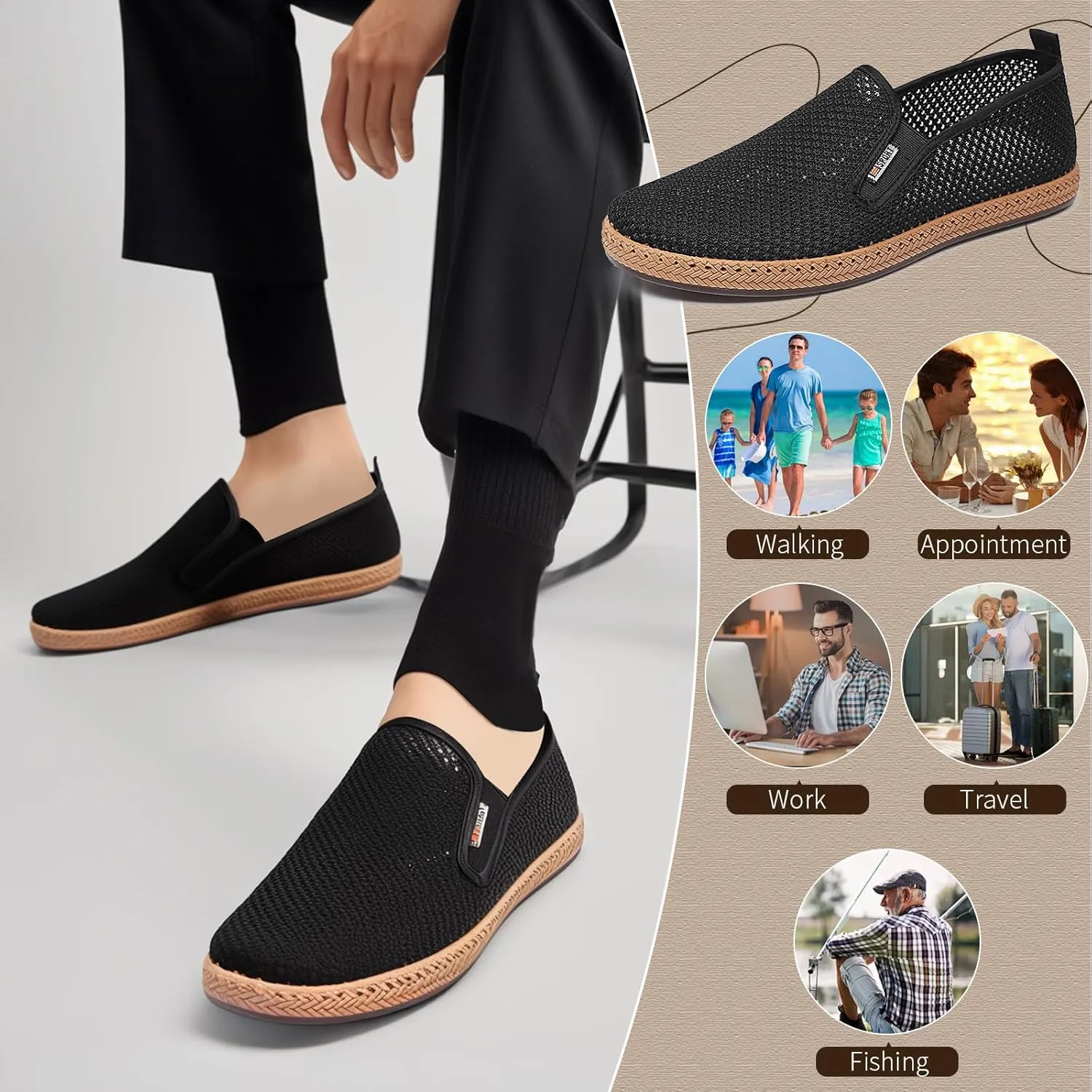 Mens Slip on Canvas Loafers Casual Shoes Sneakers Comfy Walking Slipers Shoes Pain Relief for Men Black Fashion Breathable Loafers