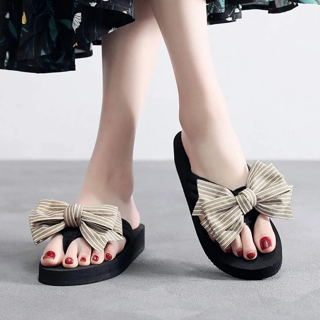 MIOKE Women's Bowknot Wedge Flipflops Sandals Fashion Summer Comfort Nonslip Platform Beach Thong Sandals