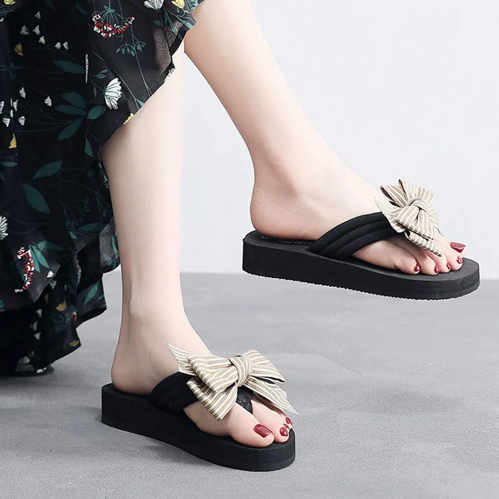 MIOKE Women's Bowknot Wedge Flipflops Sandals Fashion Summer Comfort Nonslip Platform Beach Thong Sandals