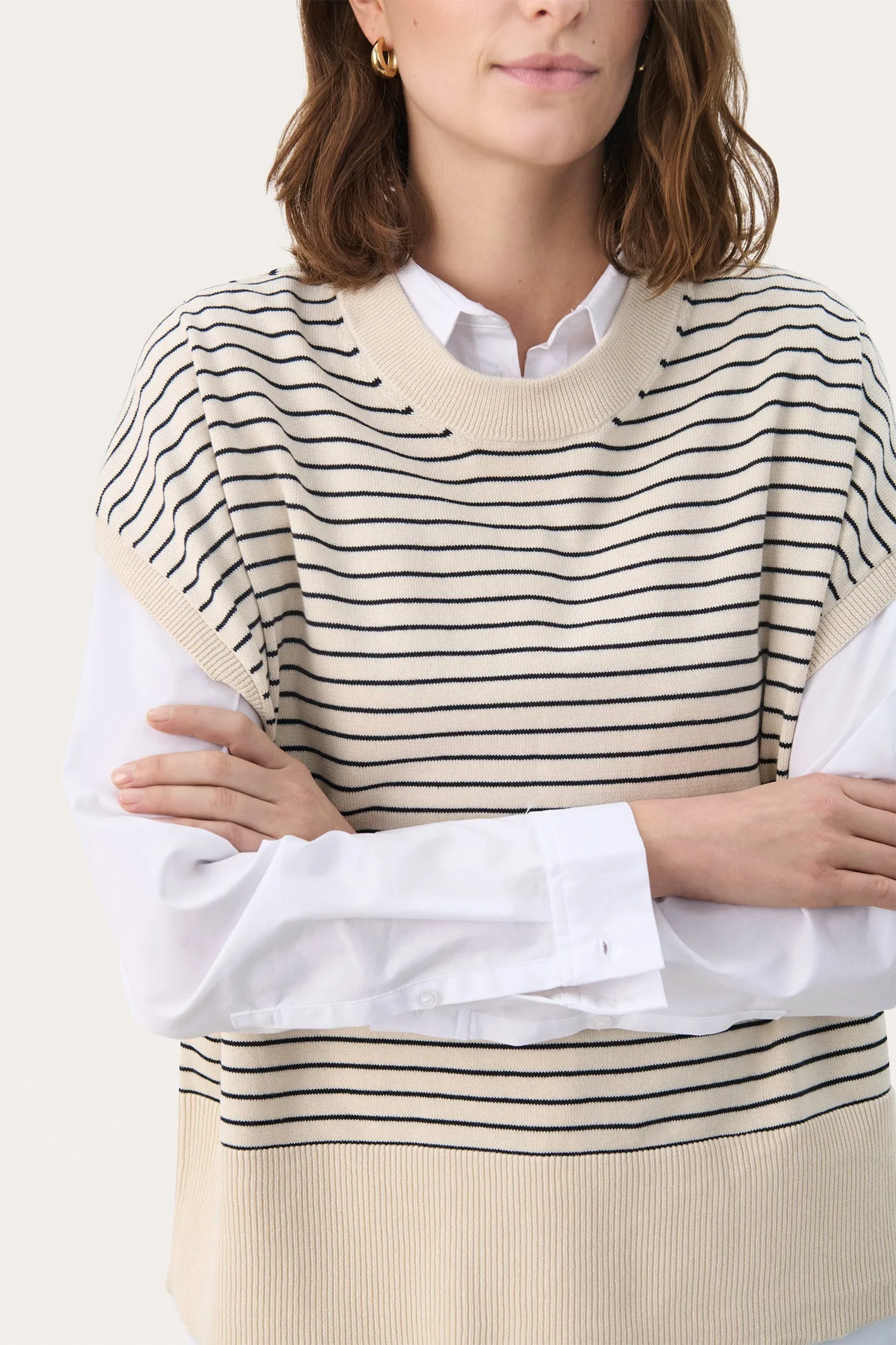 Part Two 30309534 NatayaPW Cap Sleeve Fine Knit T-Shirt Whitecap Gray Strip