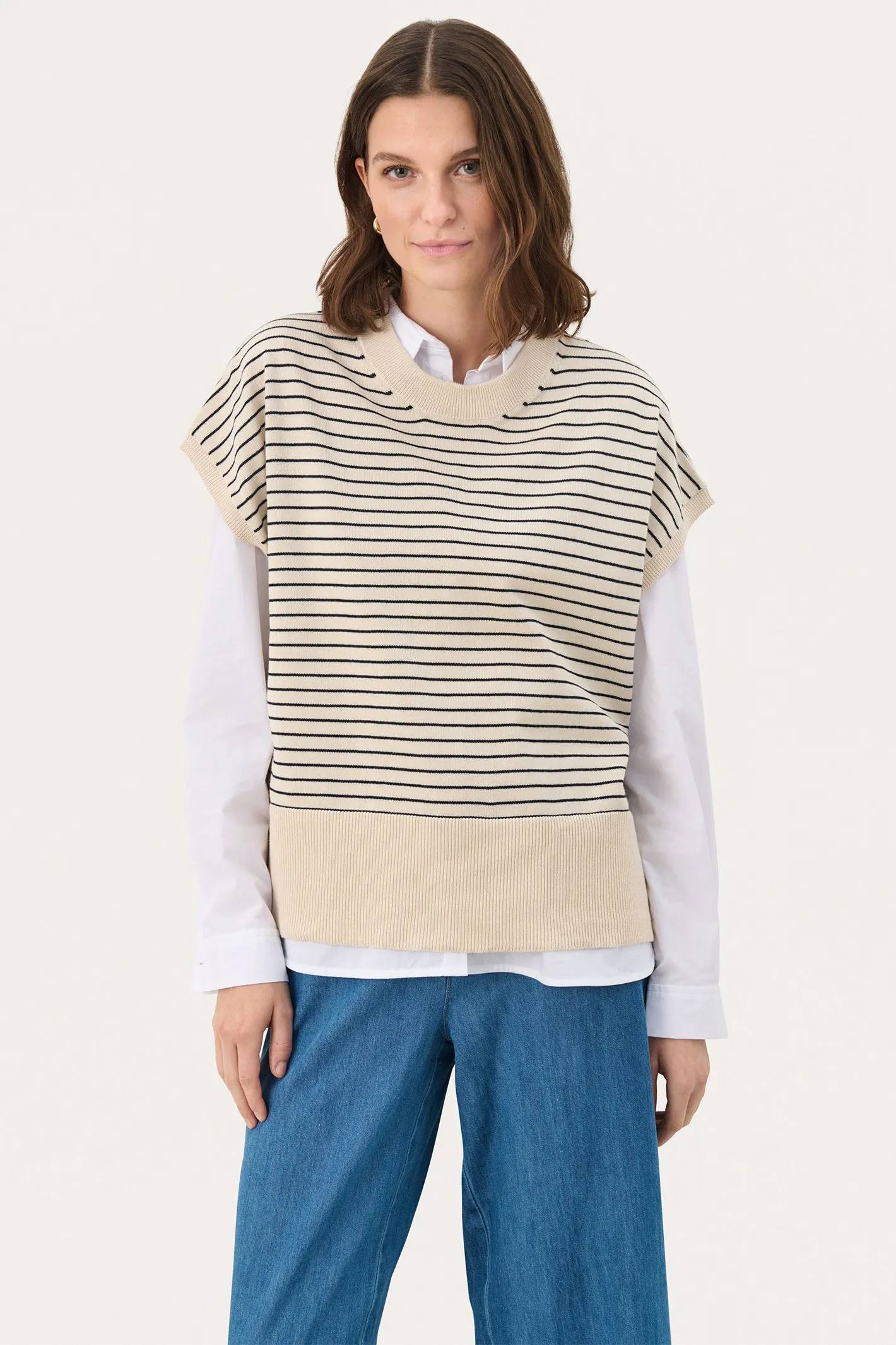 Part Two 30309534 NatayaPW Cap Sleeve Fine Knit T-Shirt Whitecap Gray Strip