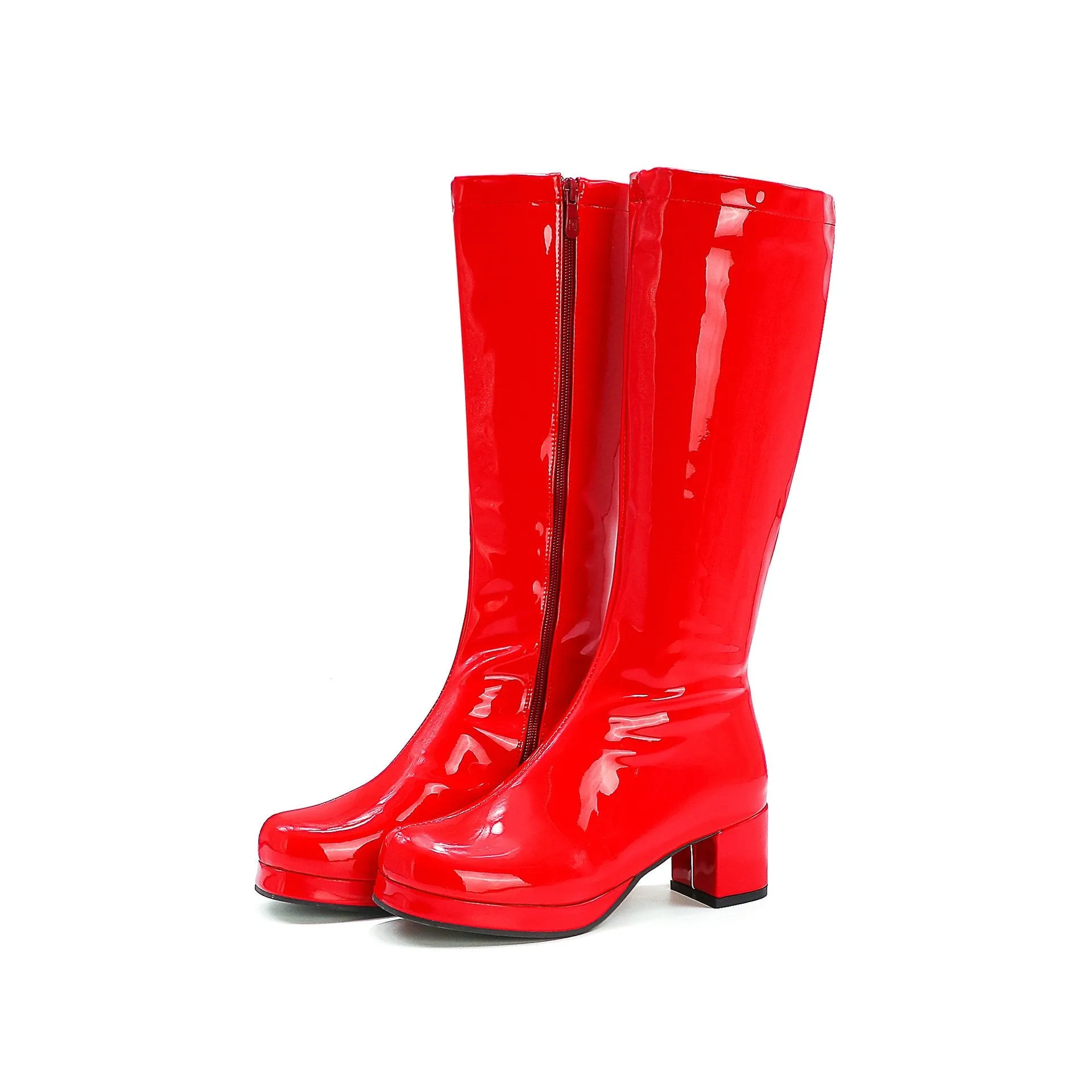 PU patent leather square heel mid calf boots candy color platform boots for party
