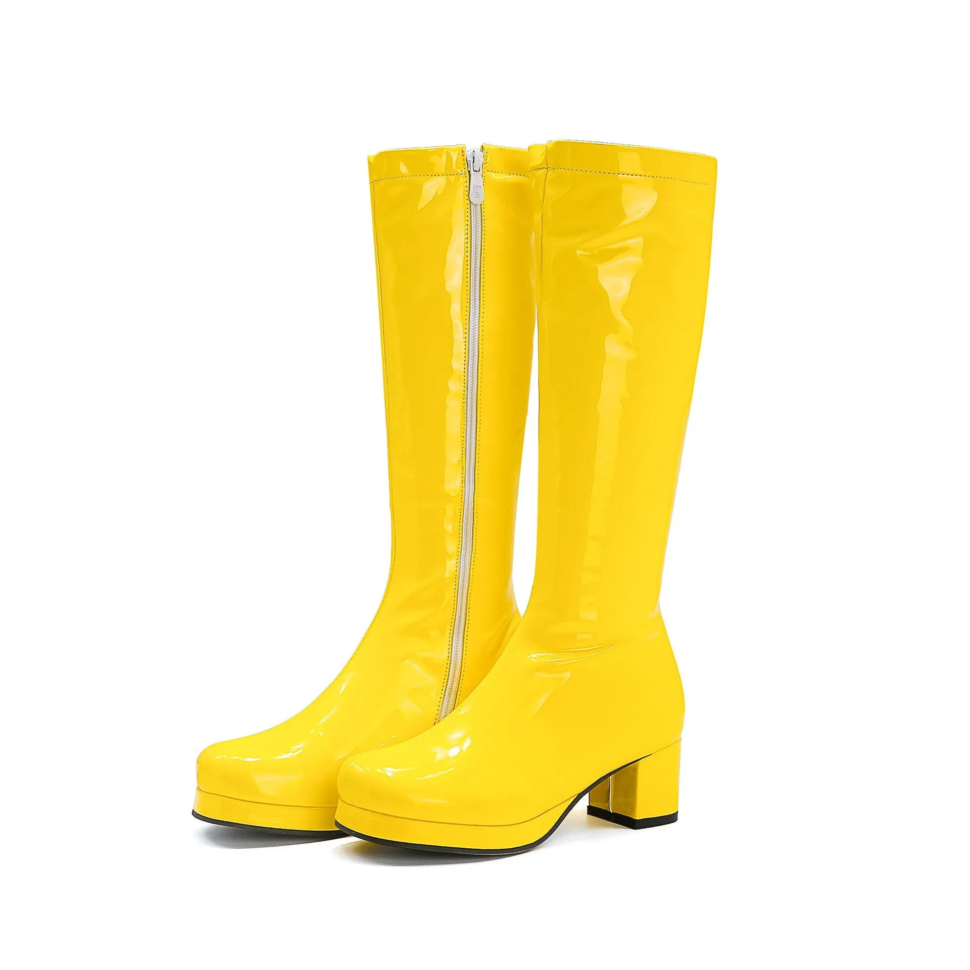 PU patent leather square heel mid calf boots candy color platform boots for party