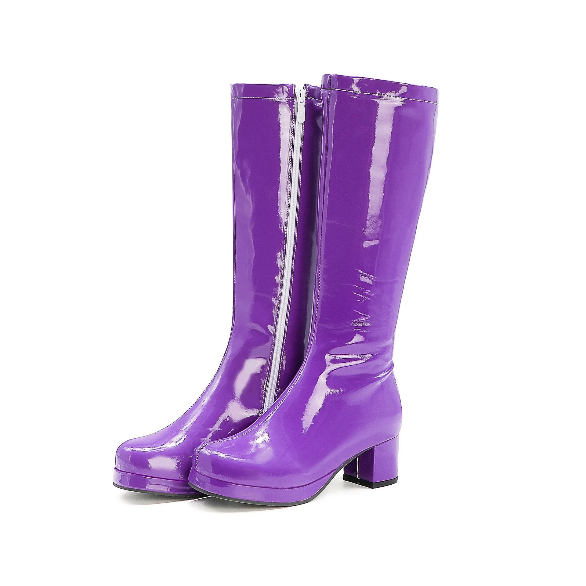 PU patent leather square heel mid calf boots candy color platform boots for party
