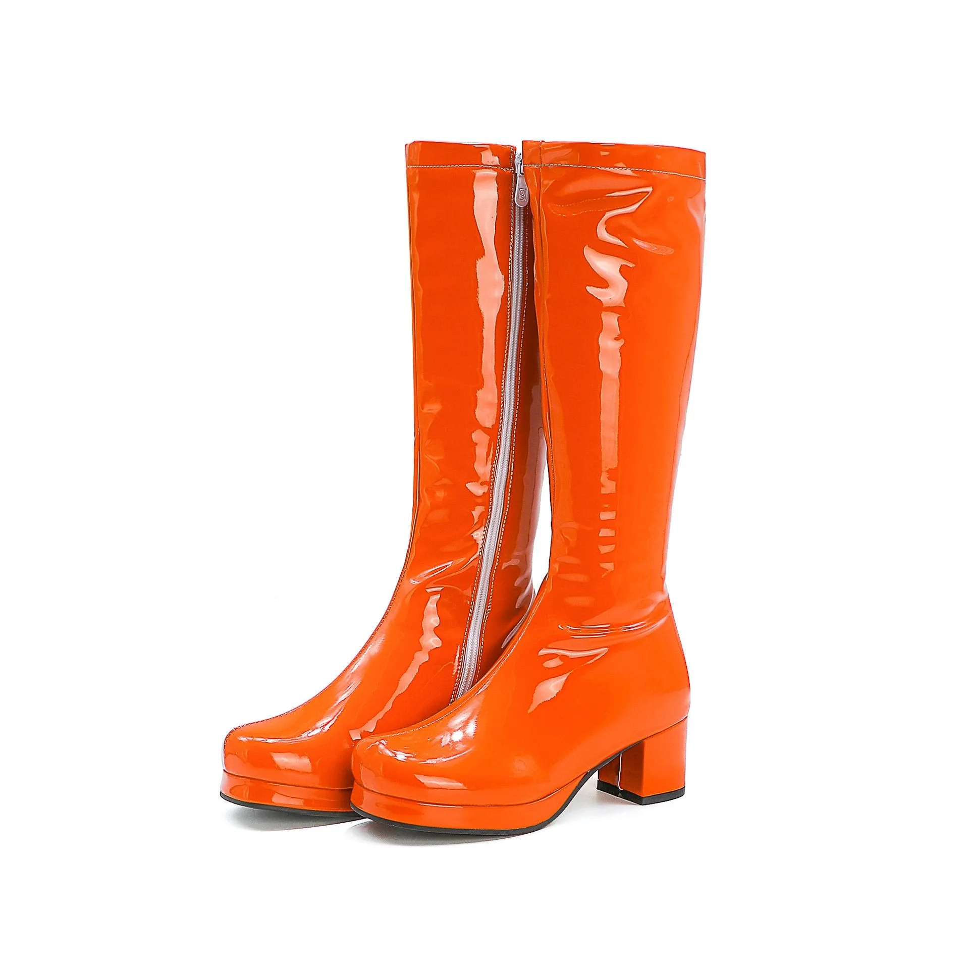 PU patent leather square heel mid calf boots candy color platform boots for party